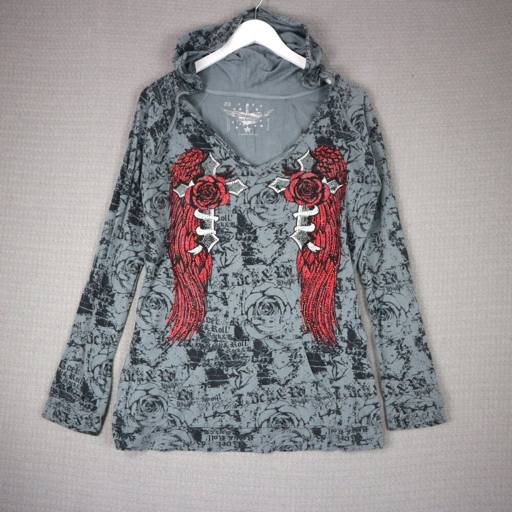 Rock & Roll Cowgirl Y2K Rhinestone Cross Roses Hoodie XL